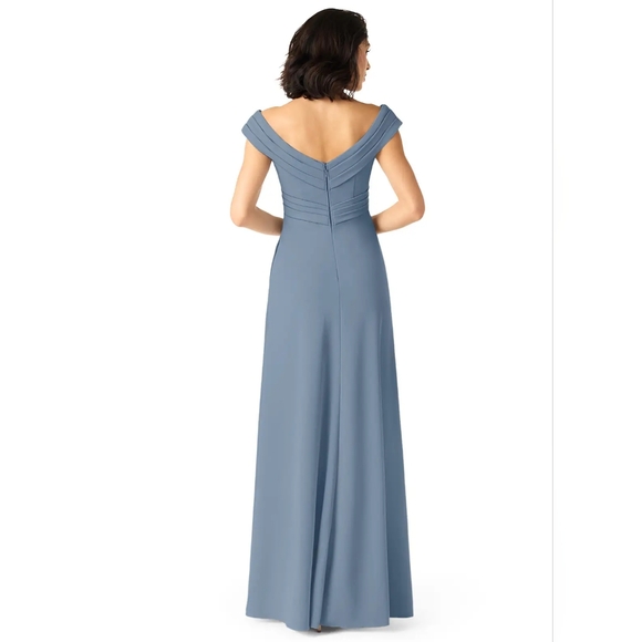 Azazie Evita Dusty Blue A-Line Off the Shoulder Stretch Crepe Dress - Picture 2 of 7